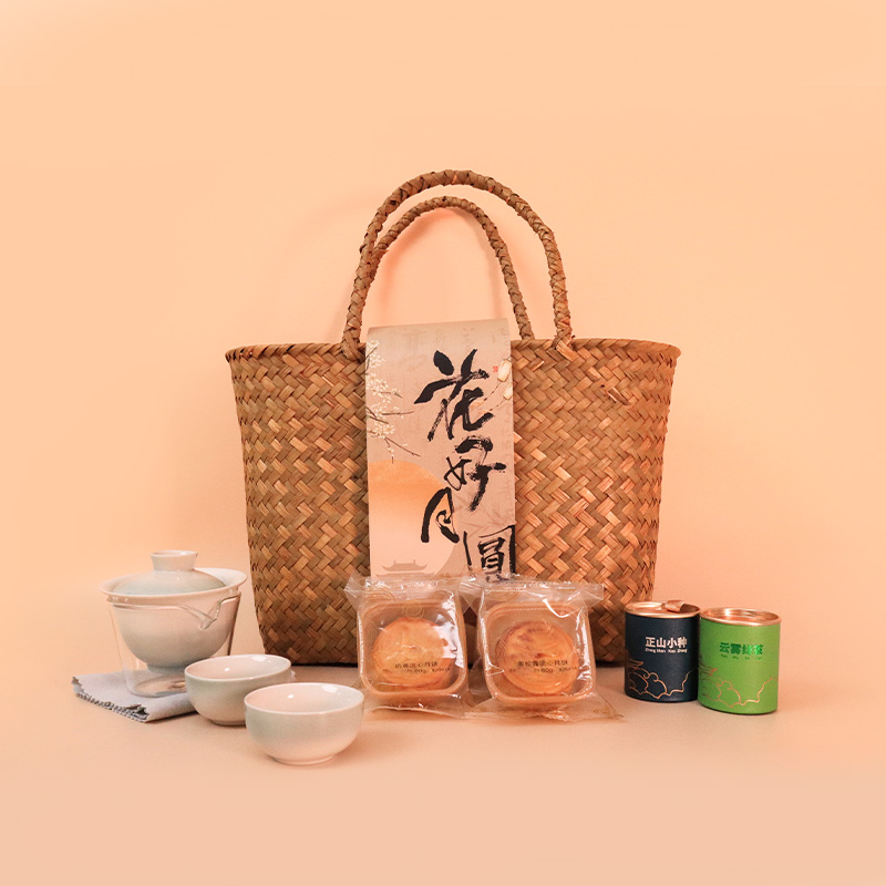 中秋复古文创礼品|竹篮+茶具+茶叶